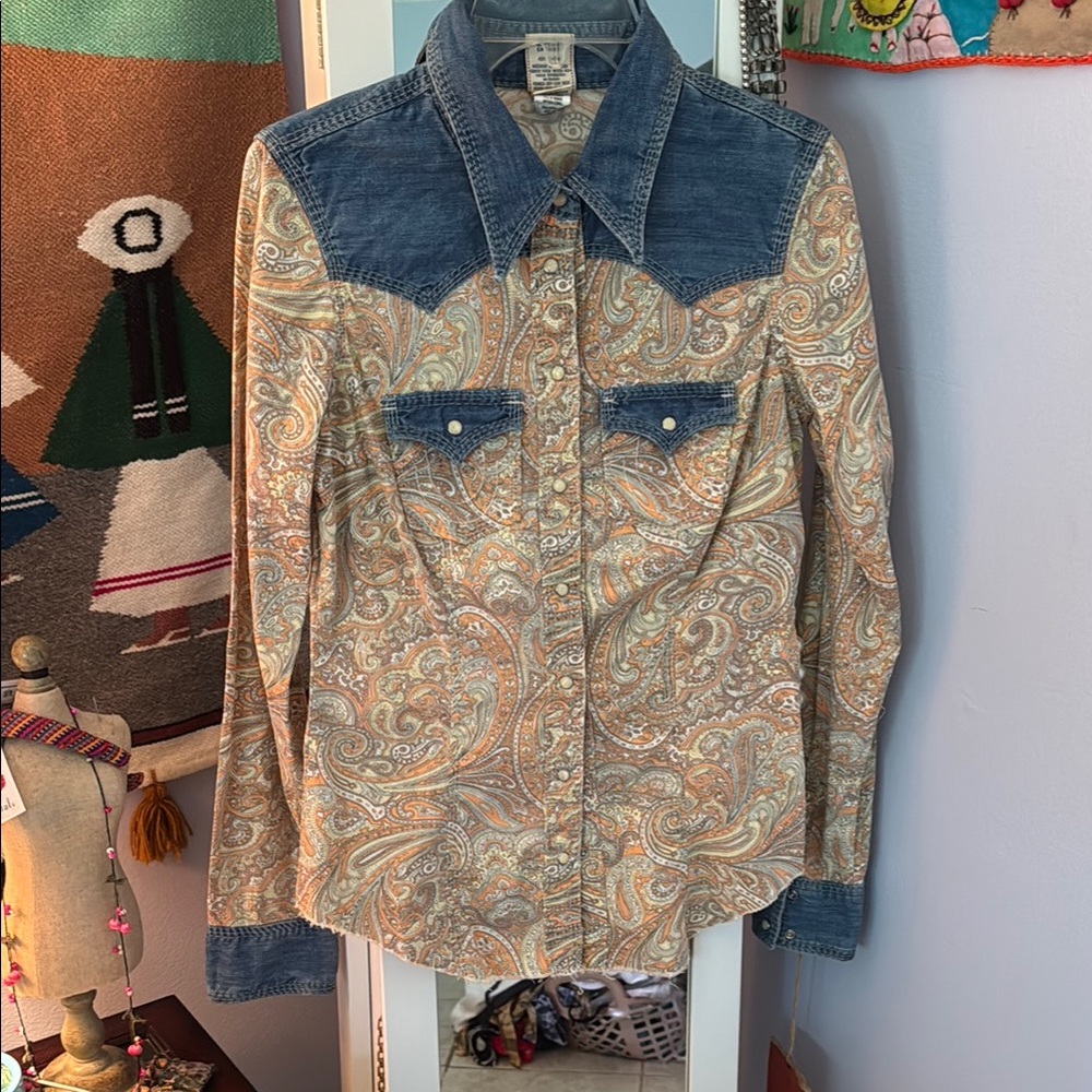 True Religion Denim Yoke Paisley Button-Down Shirt in Blue and Tan